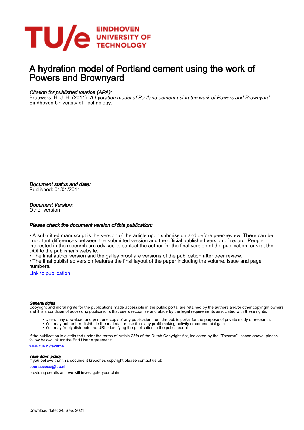 A Hydration Model of Portland Cement Using the Work of Powers and Brownyard