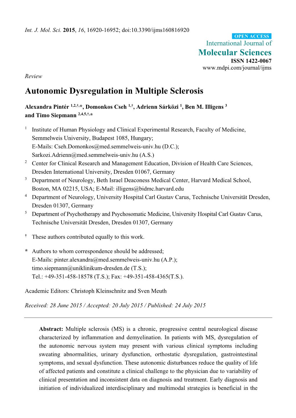 Autonomic Dysregulation in Multiple Sclerosis