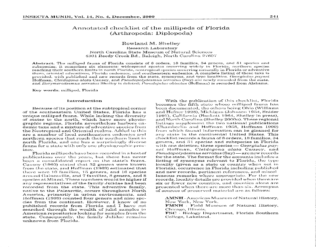 Annotated Checklist of the Millipeds of Florida (Arthropoda: Diplopoda)