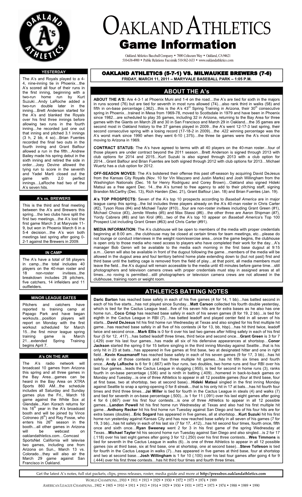 03-11-2011 A's Game Notes Vs. Milwaukee