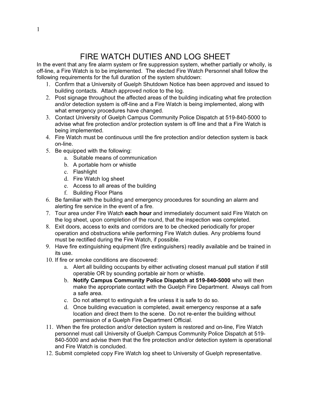 Fire Watch Duties and Log Sheet