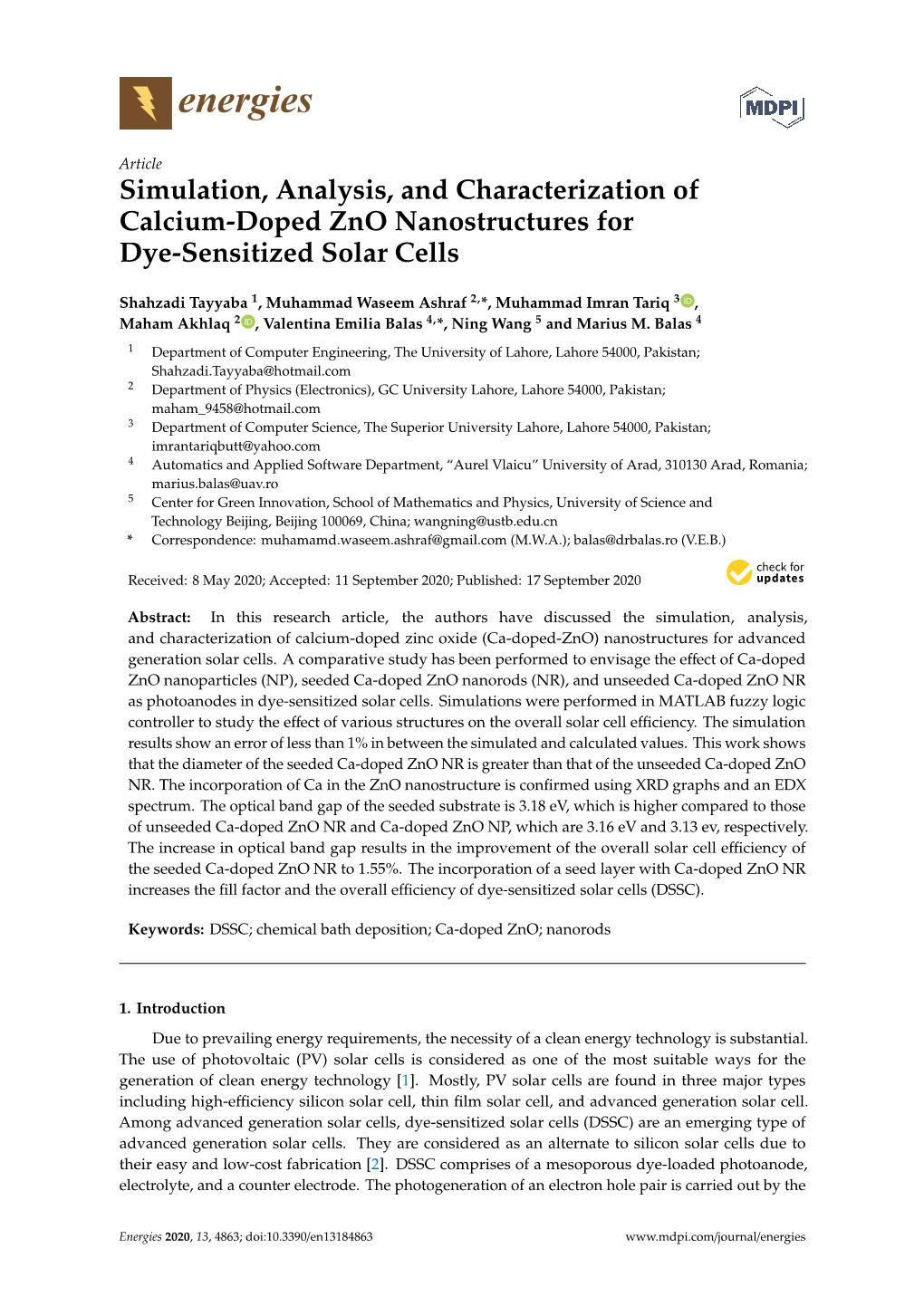 Simulation, Analysis, and Characterization of Calcium-Doped Zno Nanostructures for Dye-Sensitized Solar Cells