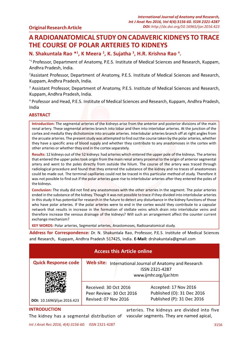 A Radioanatomical Study on Cadaveric Kidneys to Trace the Course of Polar Arteries to Kidneys N