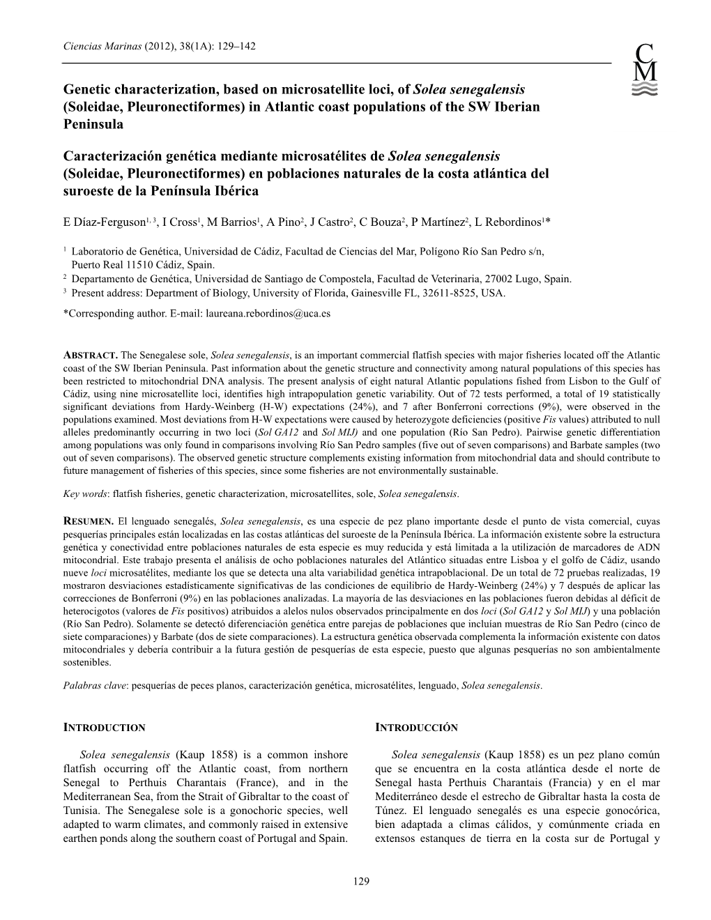 Genetic Characterization, Based on Microsatellite Loci, of Solea Senegalensis (Soleidae, Pleuronectiformes) in Atlantic Coast Populations of the SW Iberian Peninsula