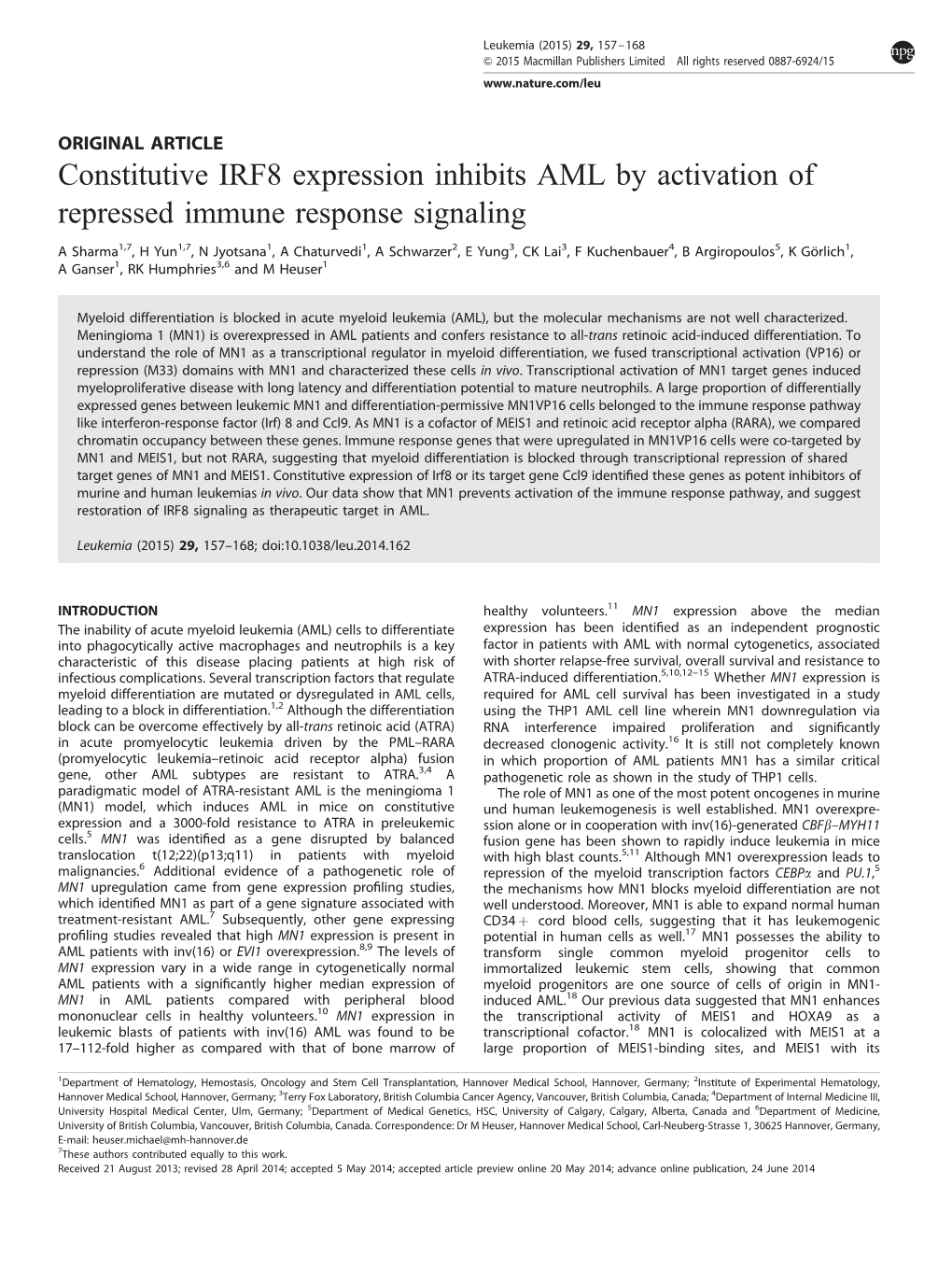 Constitutive IRF8 Expression Inhibits AML by Activation of Repressed Immune Response Signaling