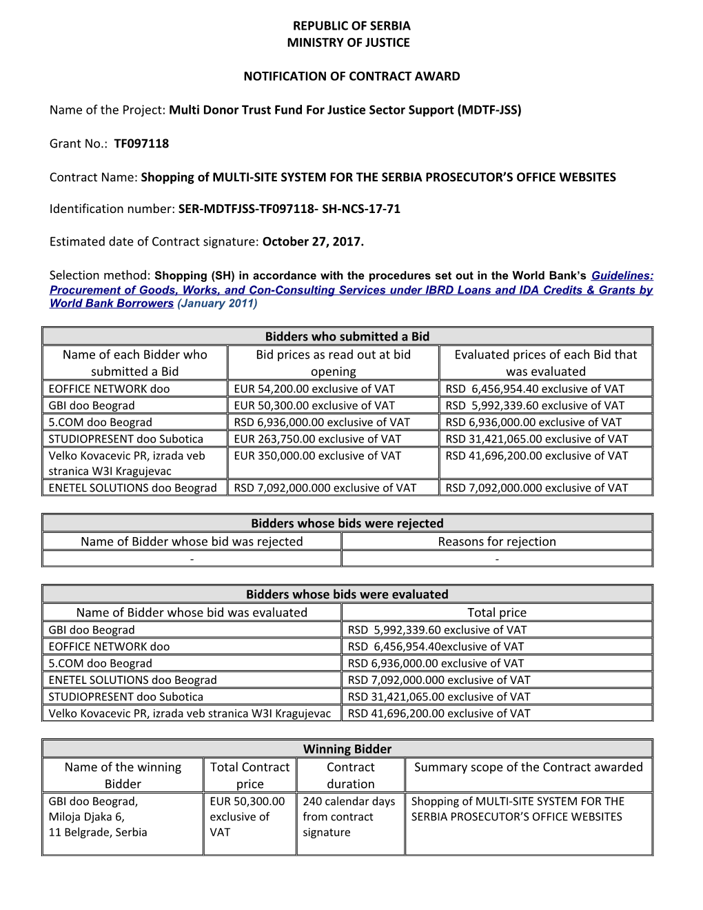 Template for Contracts Awarded by ICB