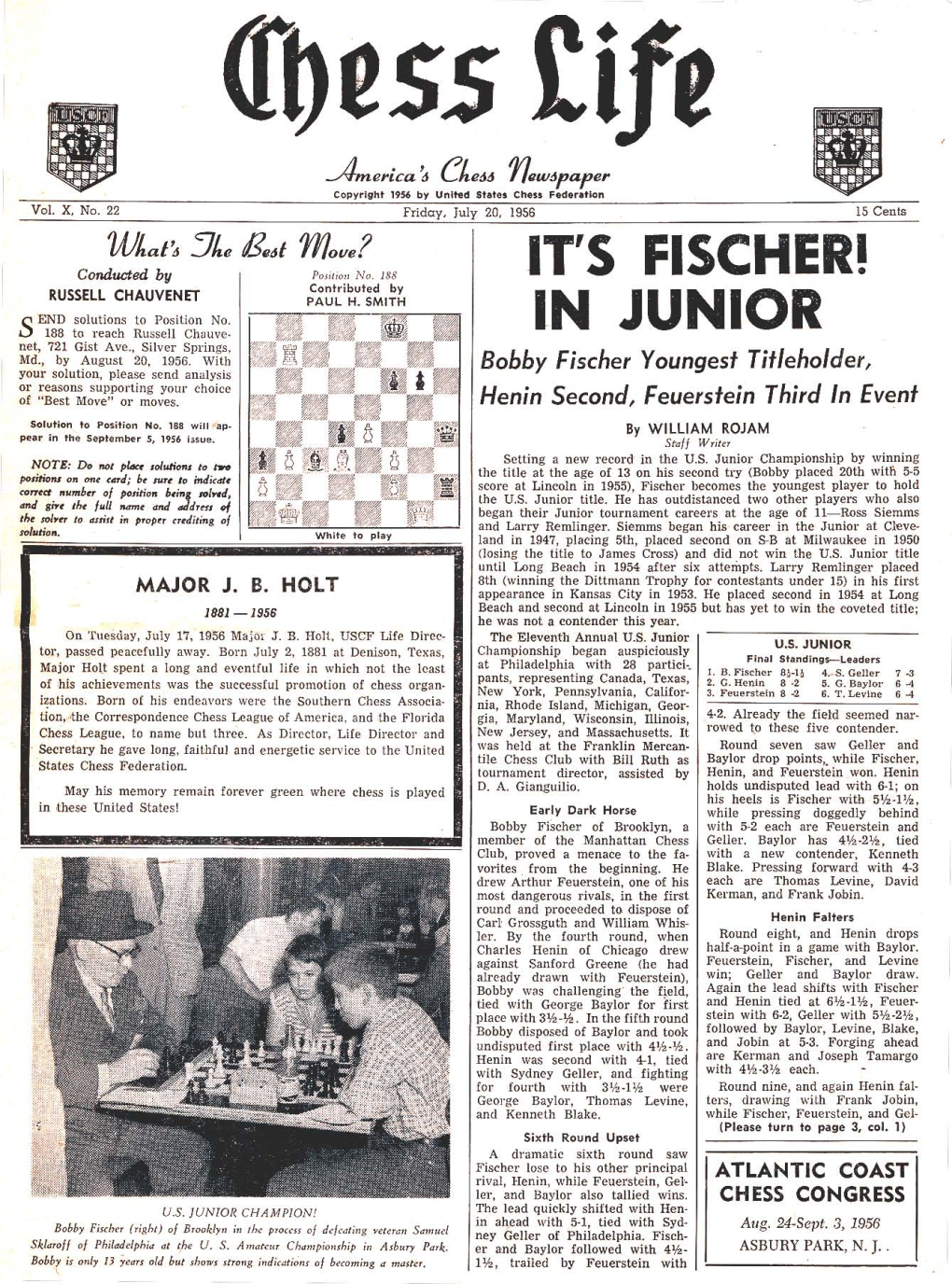 Bobby Fischer Youngest Titleholder, Henin Second, Feuerstein Third in Event