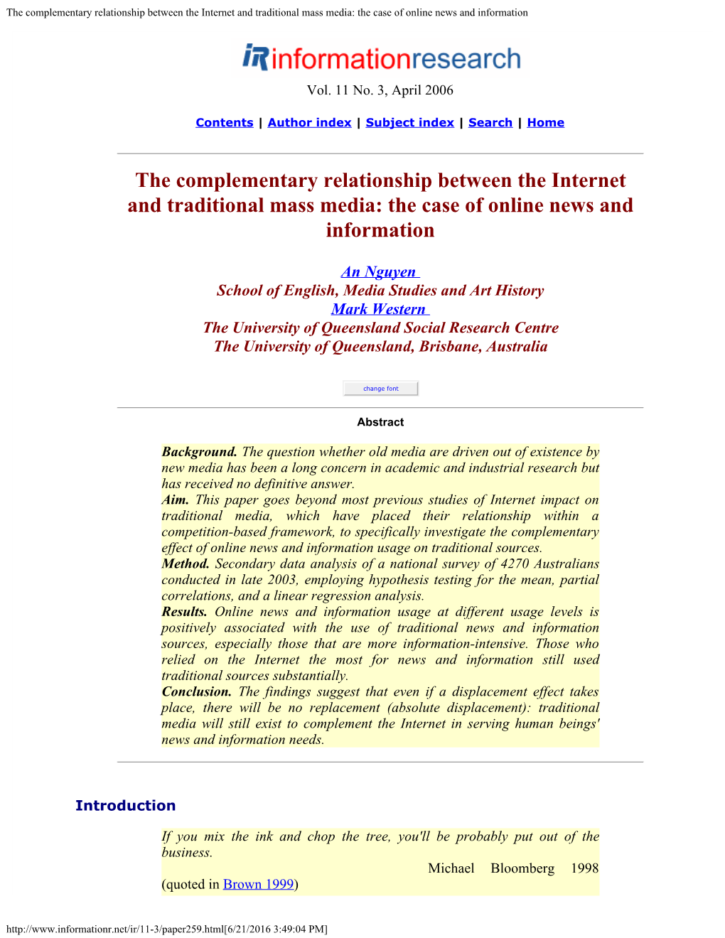 The Complementary Relationship Between the Internet and Traditional Mass Media: the Case of Online News and Information