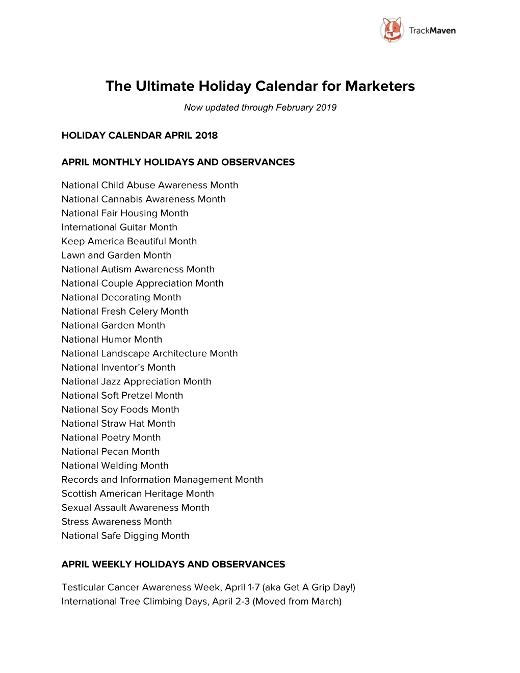 The Ultimate Holiday Calendar for Marketers Now Updated Through February 2019