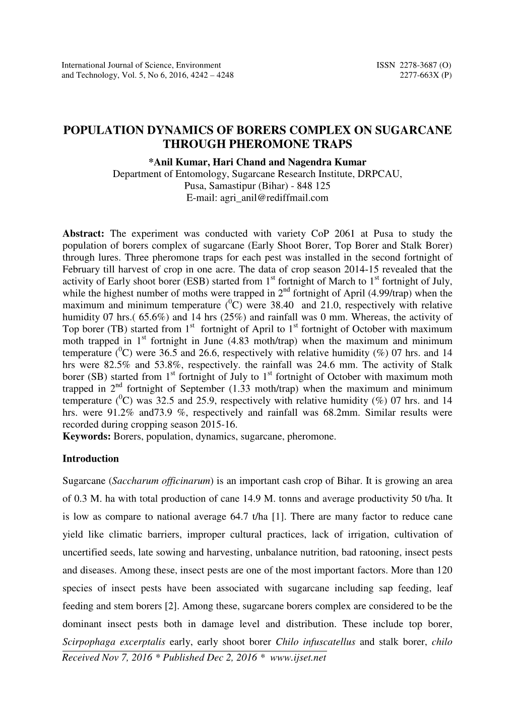 Population Dynamics of Borers Complex on Sugarcane Through