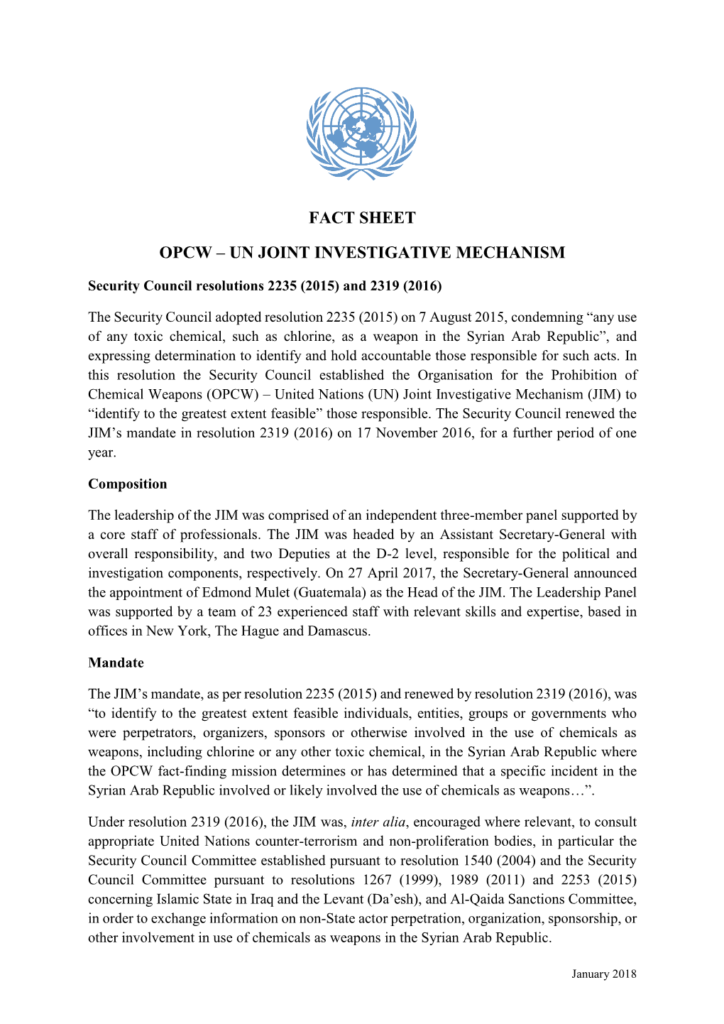 Fact Sheet Opcw – Un Joint Investigative Mechanism