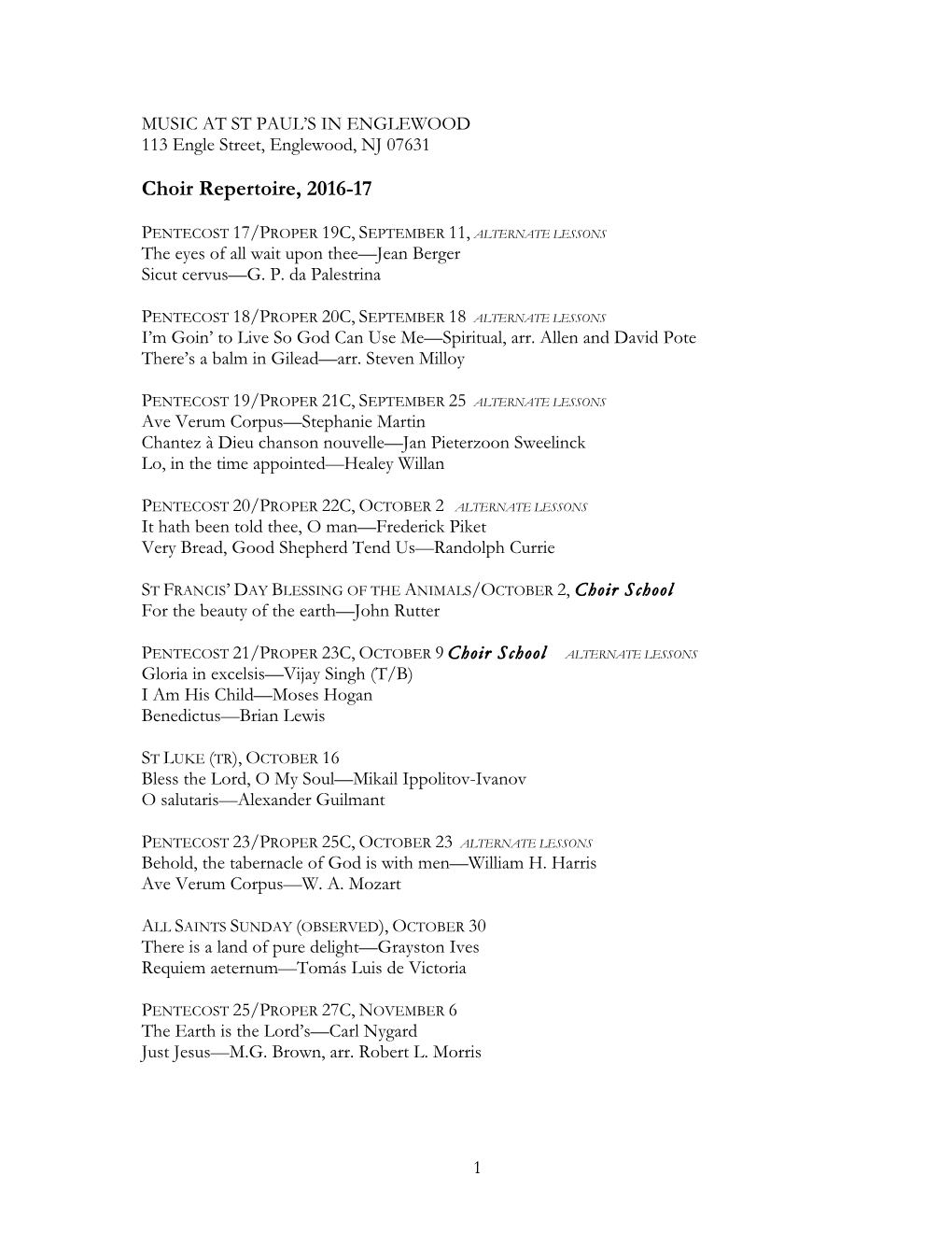 Choir Repertoire, 2016-17