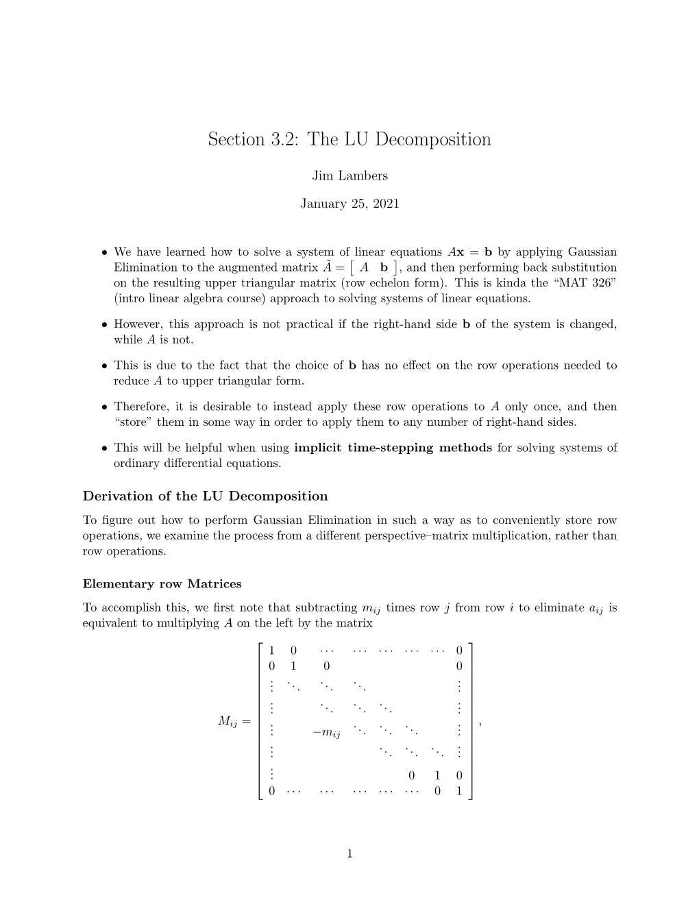 Section 3.2: the LU Decomposition