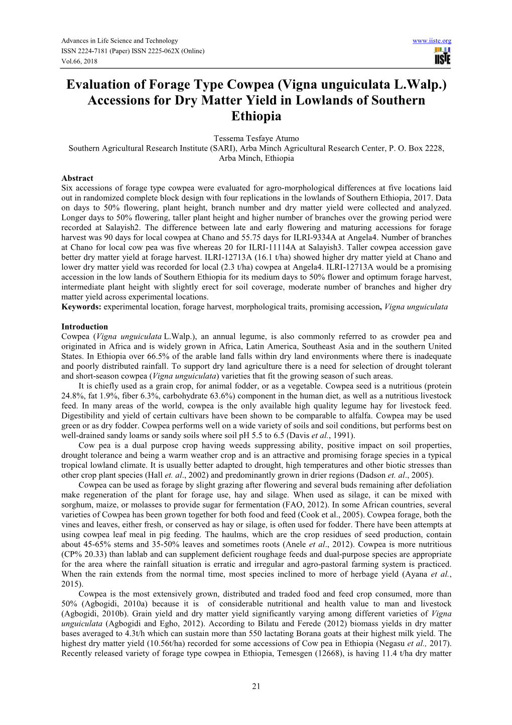 Evaluation of Forage Type Cowpea (Vigna Unguiculata L.Walp.) Accessions for Dry Matter Yield in Lowlands of Southern Ethiopia