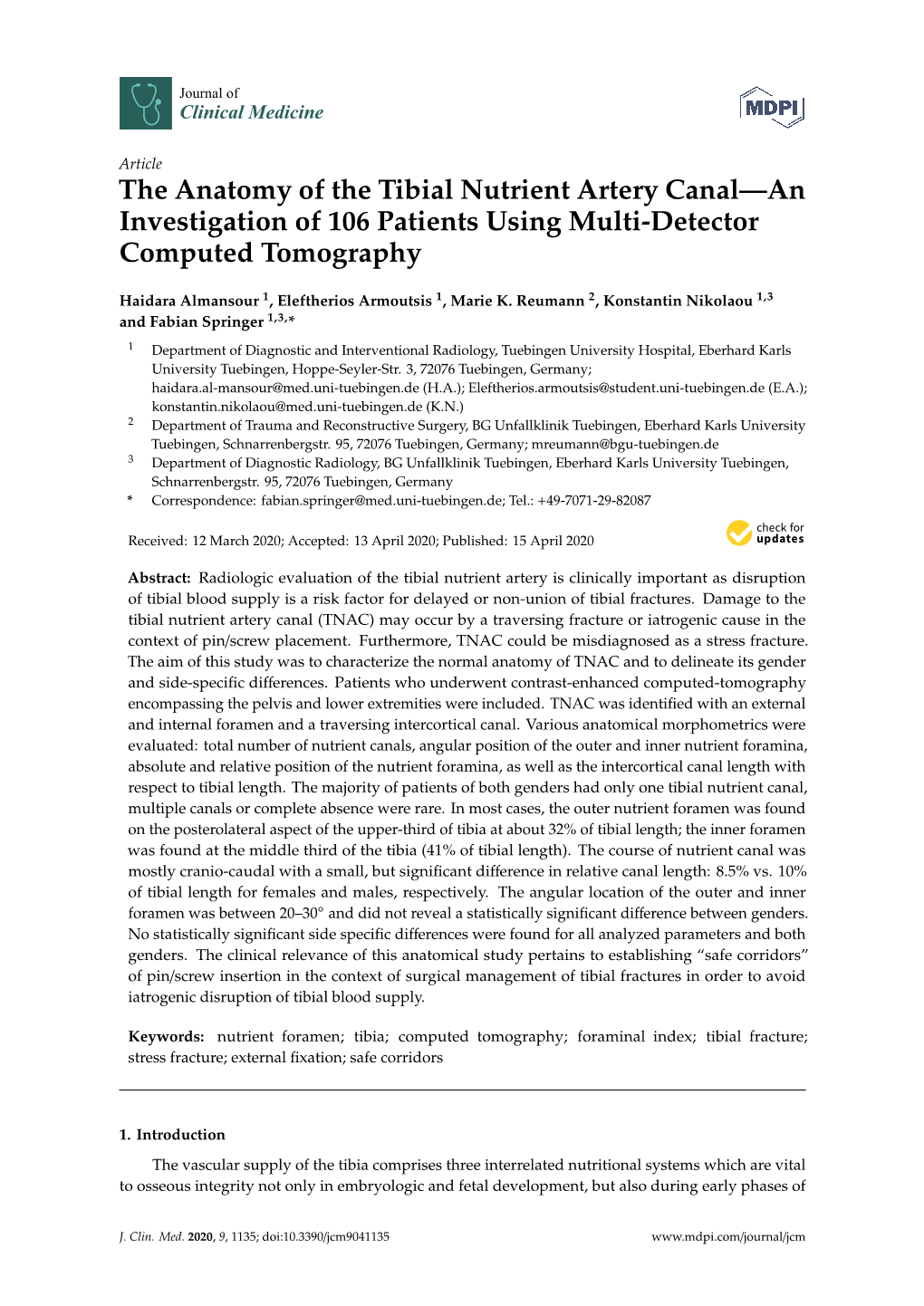 The Anatomy of the Tibial Nutrient Artery Canal—An Investigation of 106 Patients Using Multi-Detector Computed Tomography