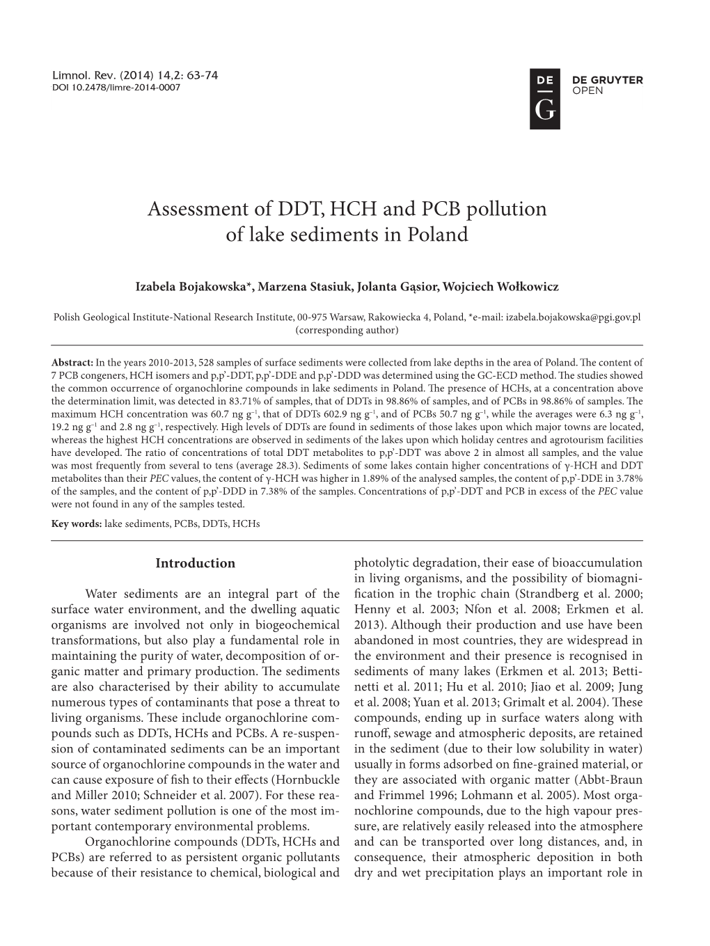 Assessment of DDT, HCH and PCB Pollution of Lake Sediments in Poland