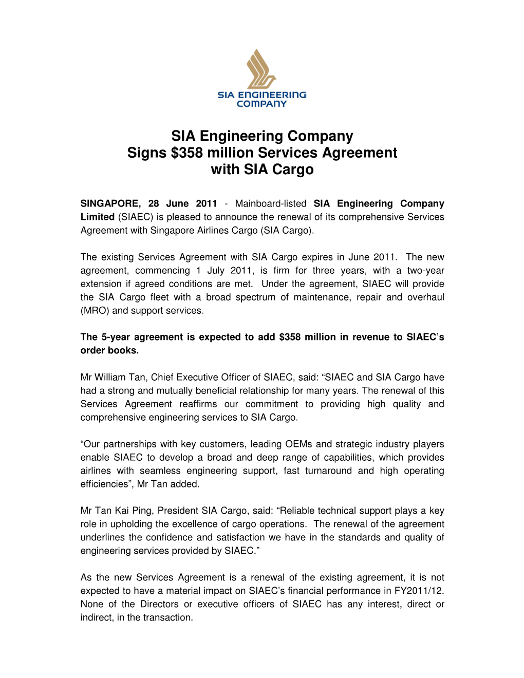 SIA Engineering Company Signs $358 Million Services Agreement with SIA Cargo