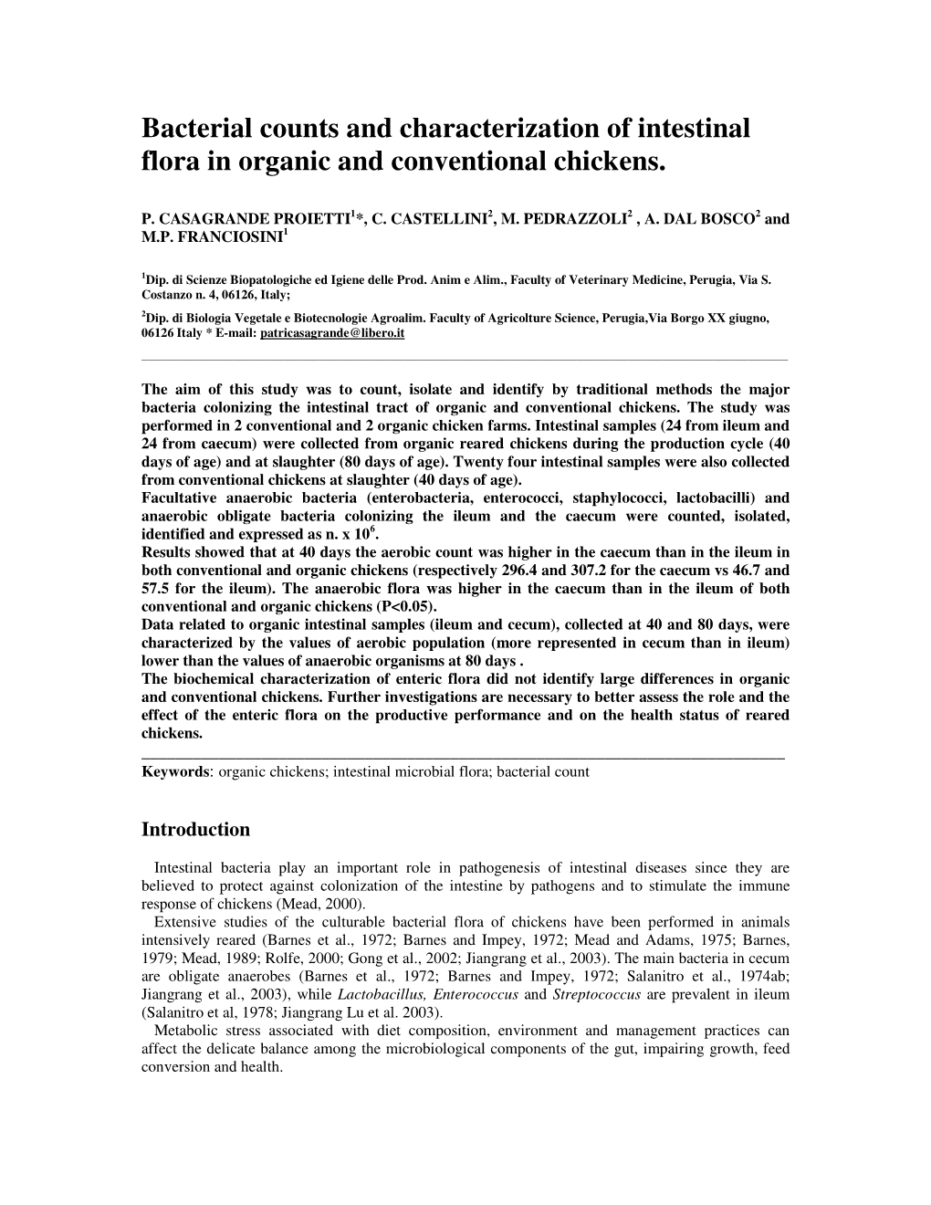 Bacterial Counts and Characterization of Intestinal Flora in Organic and Conventional Chickens