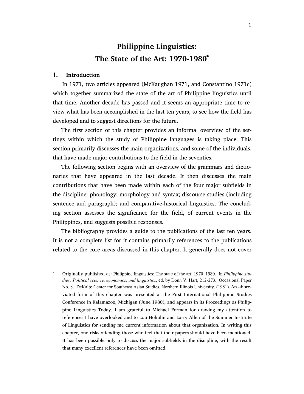 Philippine Linguistics: the State of the Art: 1970-1980*