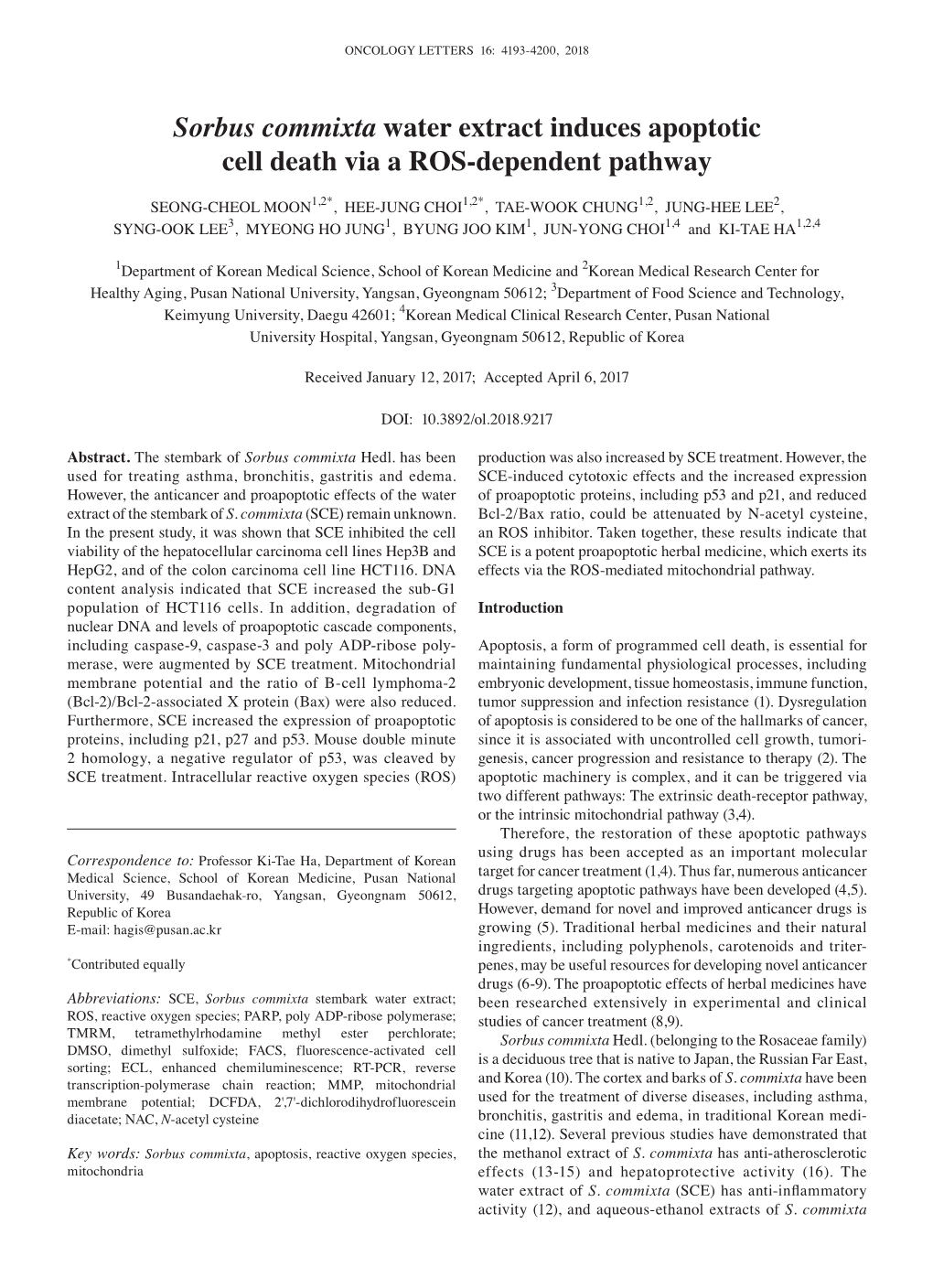 Sorbus Commixta Water Extract Induces Apoptotic Cell Death Via a ROS‑Dependent Pathway