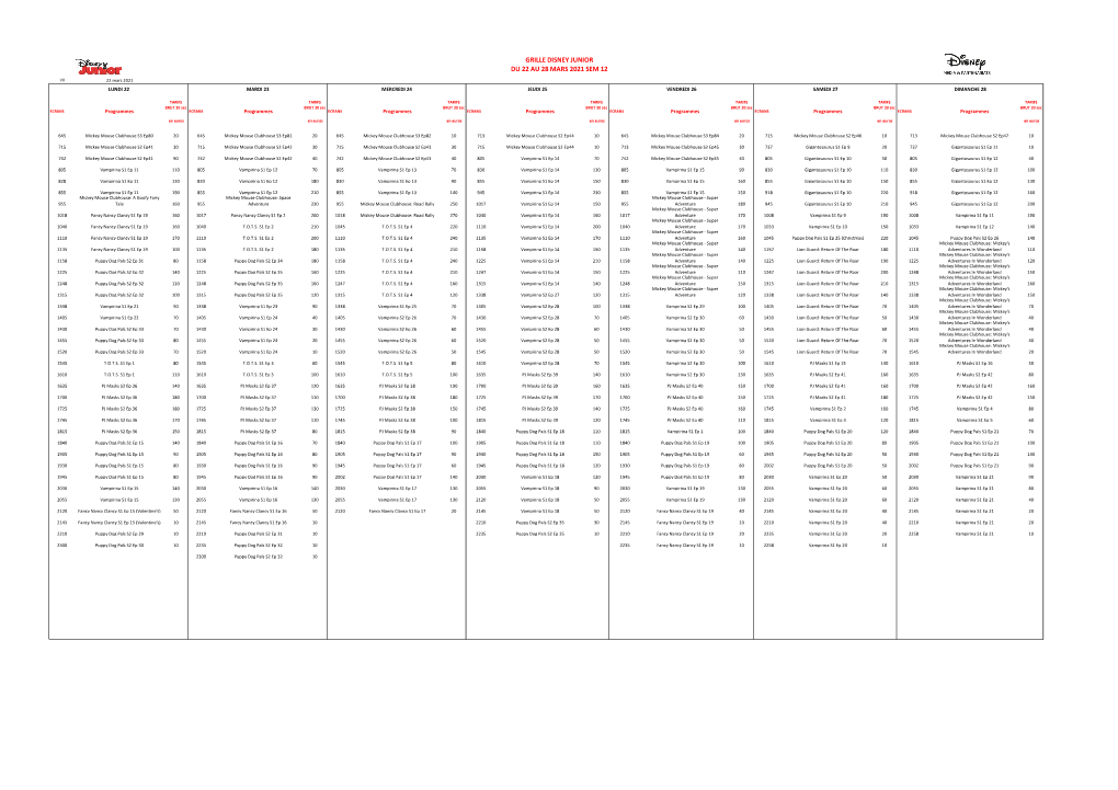Grille Disney Junior Du 22 Au 28 Mars 2021 Sem 12