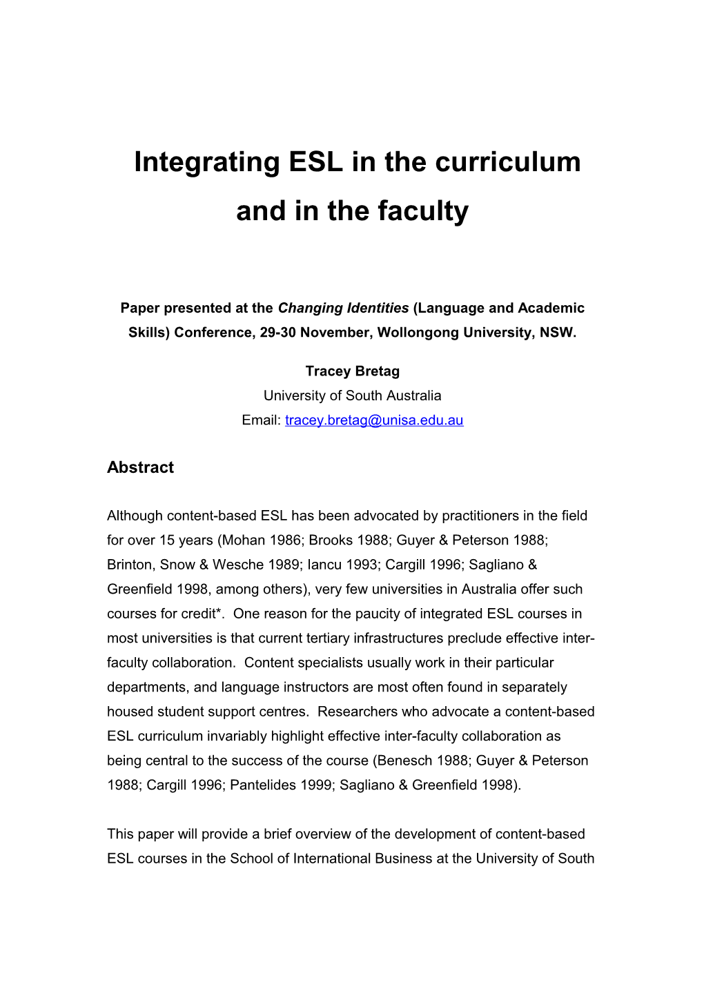 Integrating ESL in the Curriculum and in the Faculty