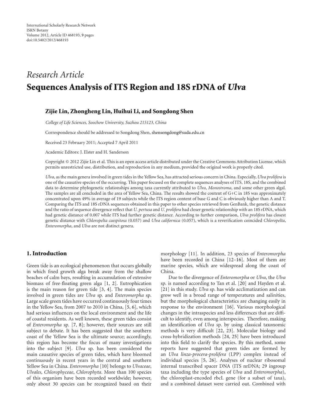 Sequences Analysis of ITS Region and 18S Rdna of Ulva