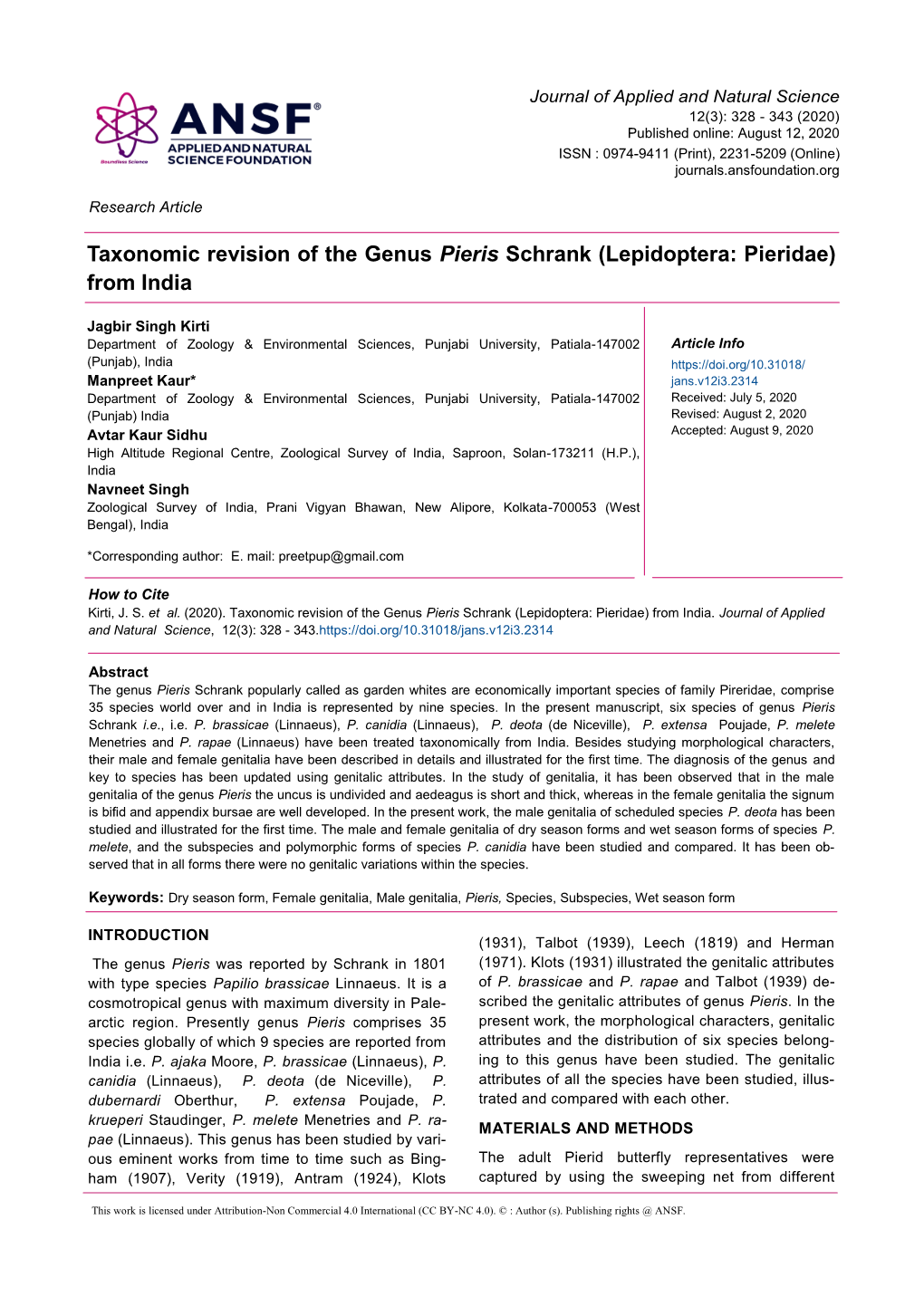 Taxonomic Revision of the Genus Pieris Schrank (Lepidoptera: Pieridae) from India