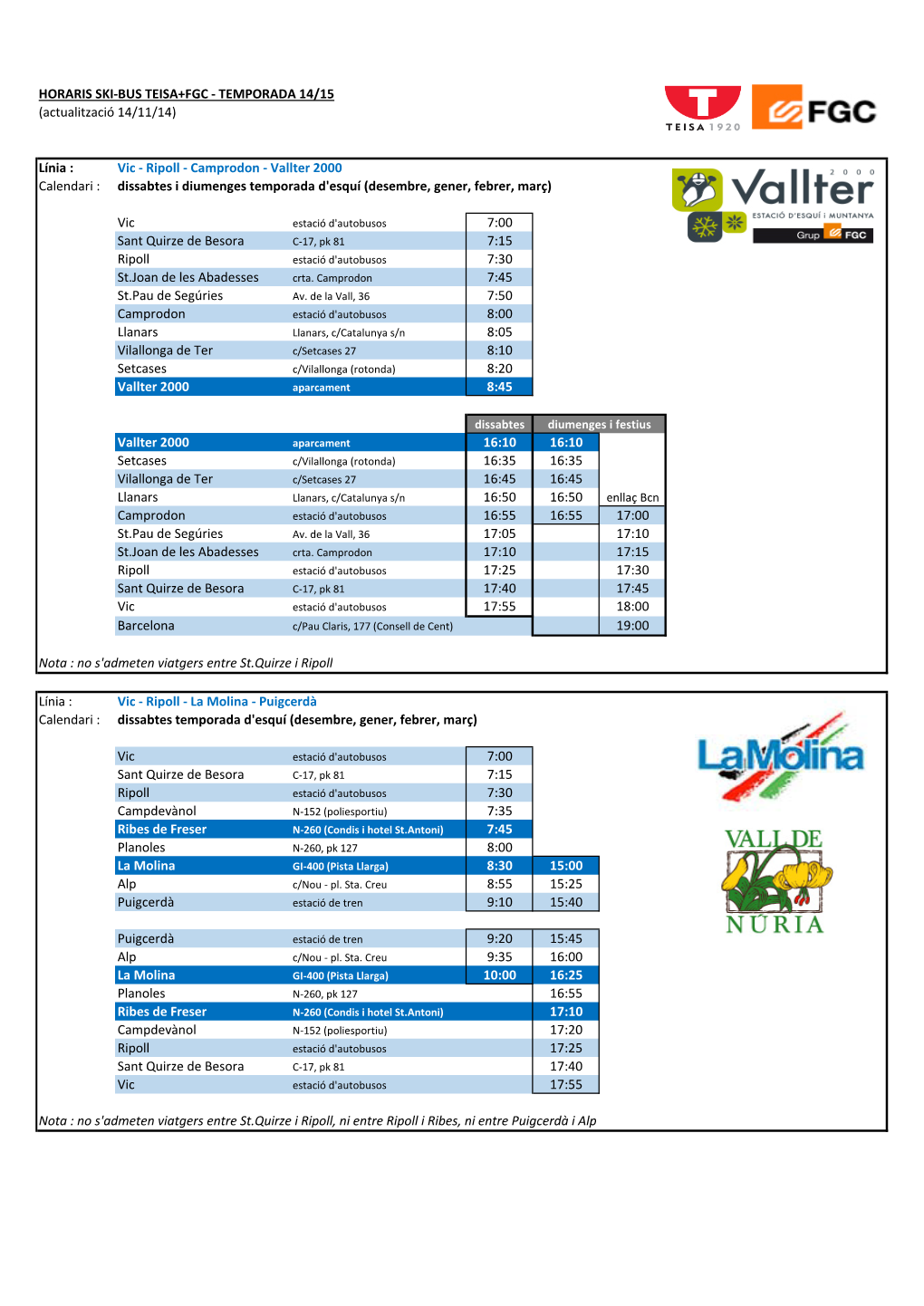 SKIBUS-TEISA Horaris I Tarifes Definitives