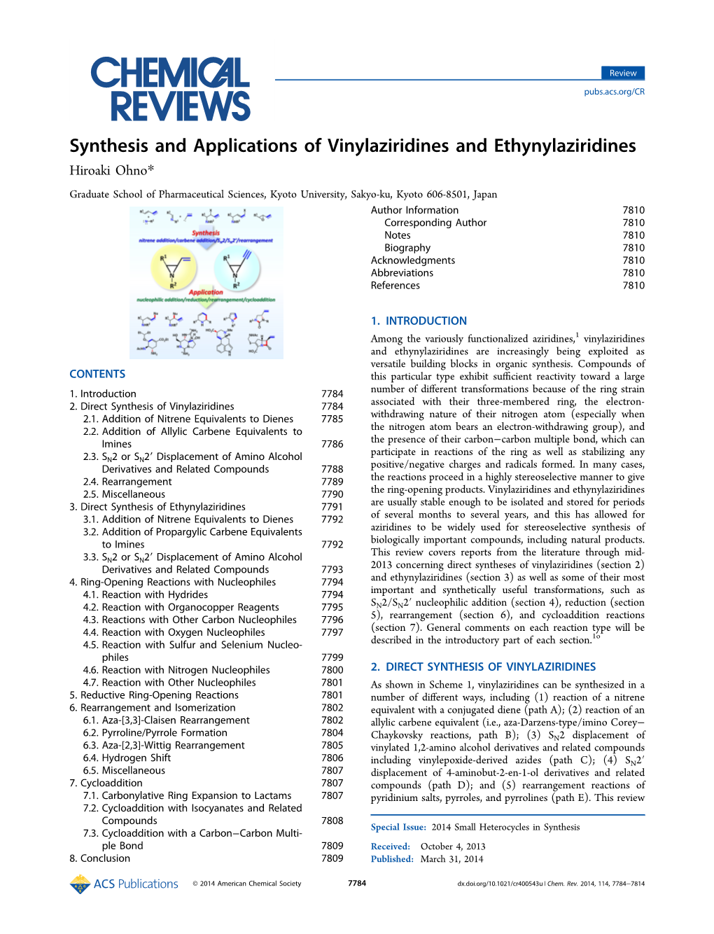 Synthesis and Applications of Vinylaziridines and Ethynylaziridines Hiroaki Ohno*