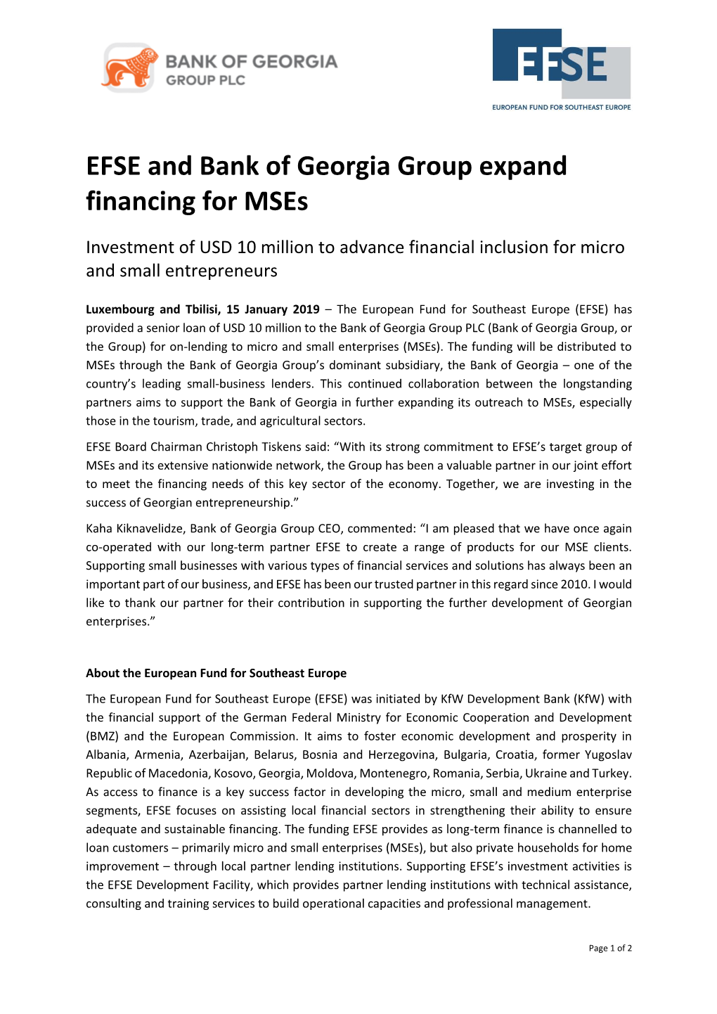 EFSE and Bank of Georgia Group Expand Financing for Mses