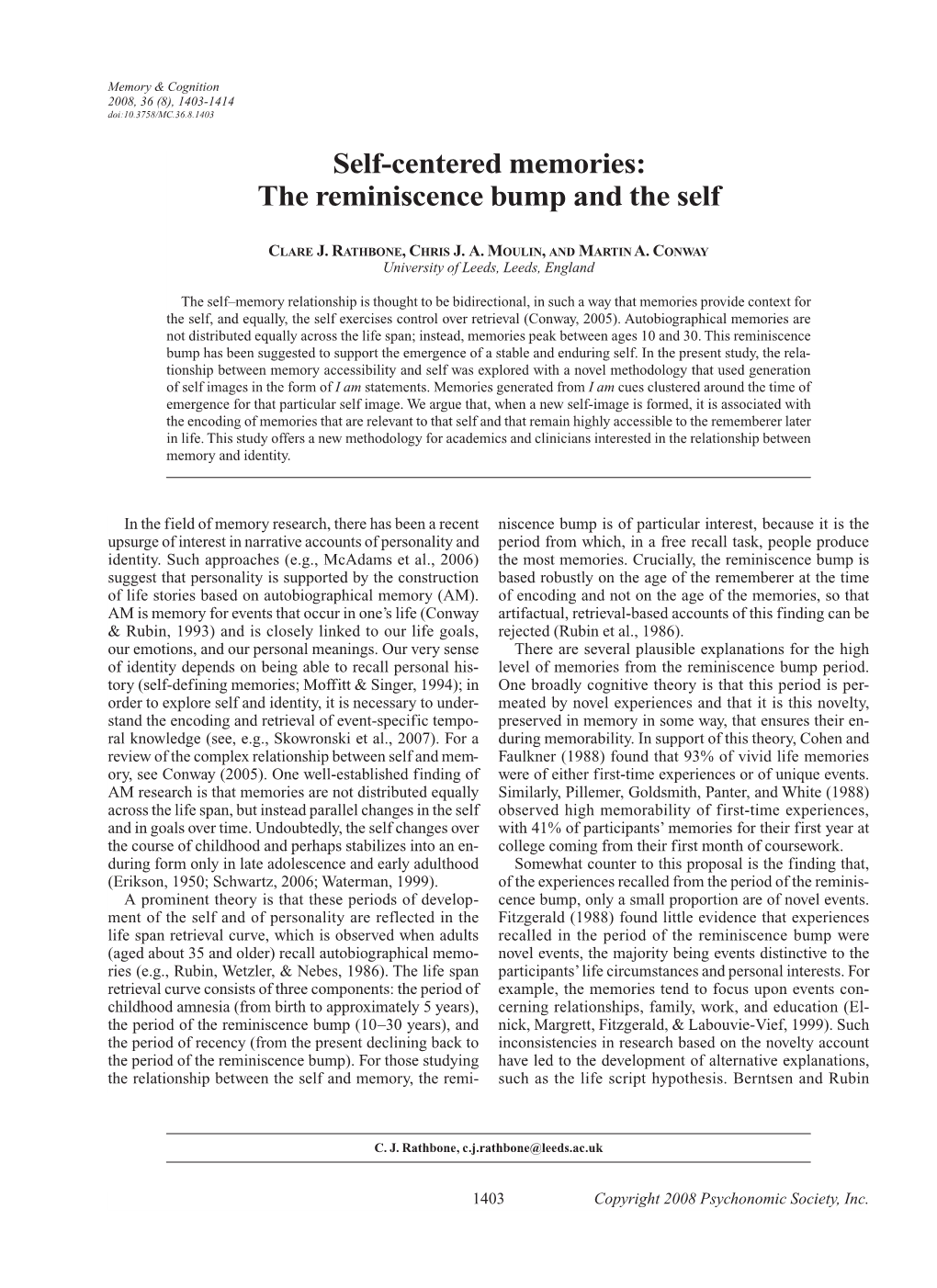Self-Centered Memories: the Reminiscence Bump and the Self