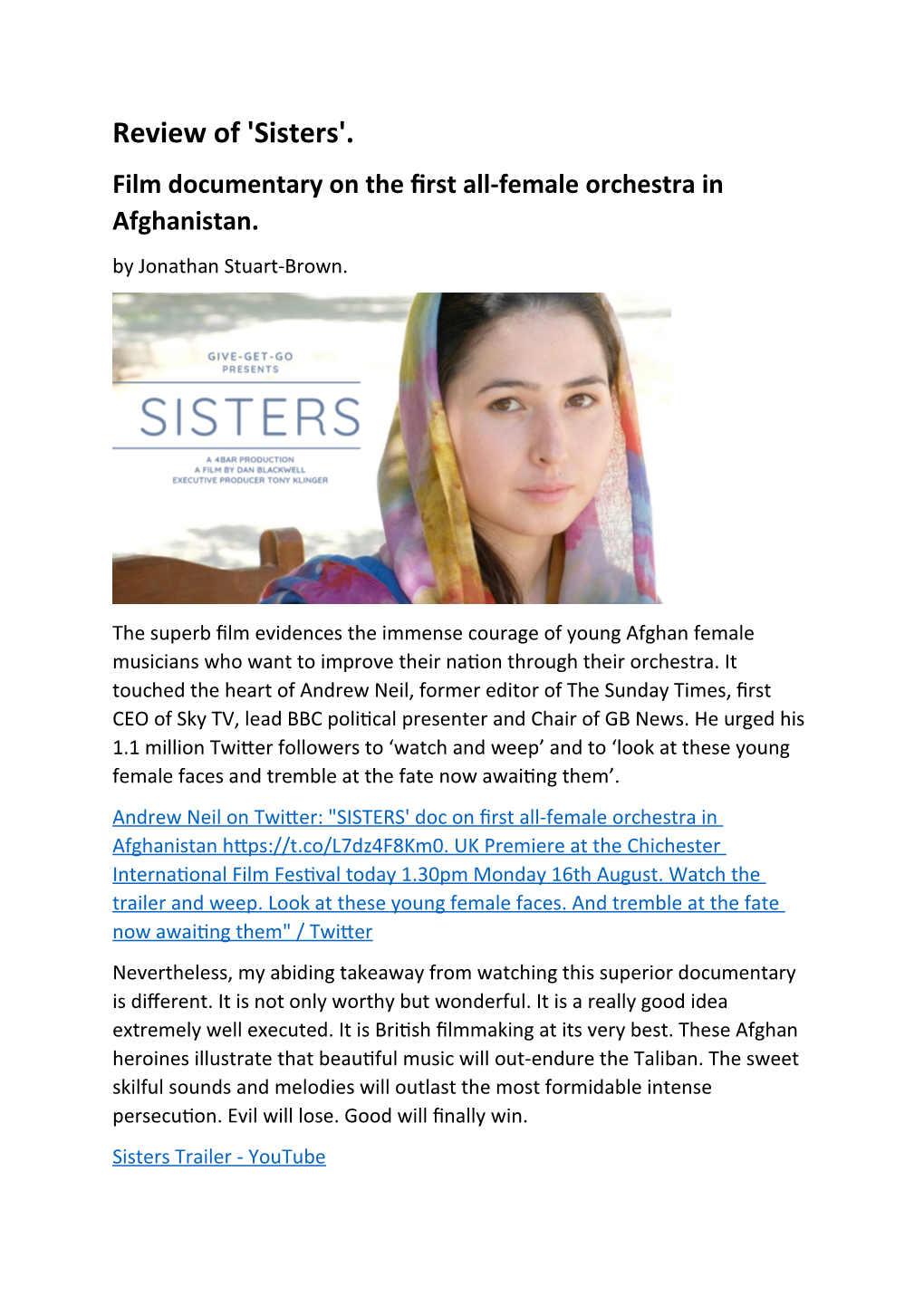 Review of 'Sisters'. Film Documentary on the First All-Female Orchestra in Afghanistan