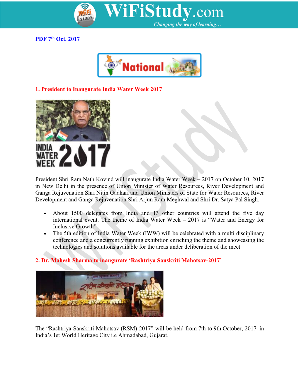 PDF 7Th Oct. 2017 1. President to Inaugurate India Water Week 2017 President Shri Ram Nath Kovind Will Inaugurate India Water We