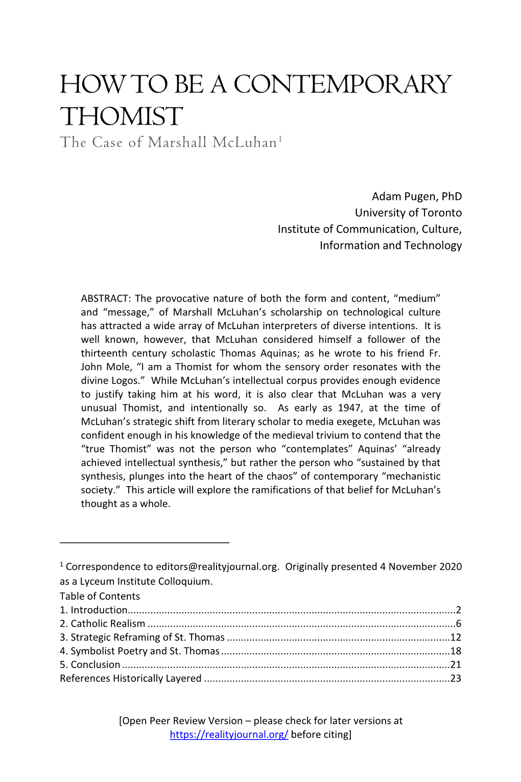 HOW to BE a CONTEMPORARY THOMIST the Case of Marshall Mcluhan 1