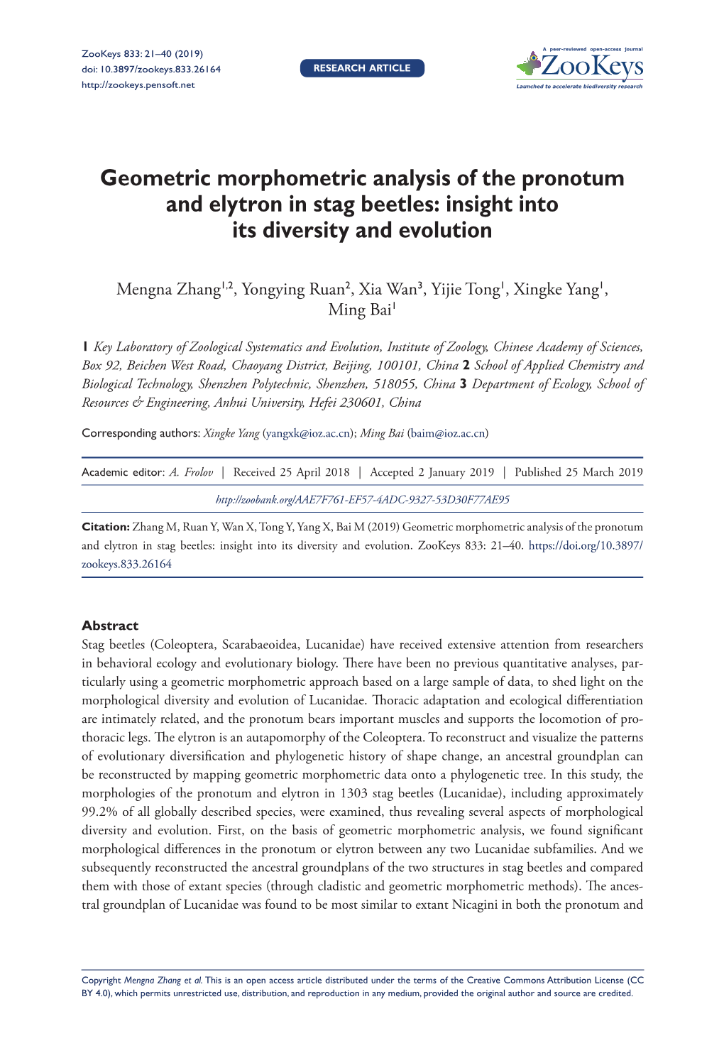 Geometric Morphometric Analysis of the Pronotum and Elytron in Stag Beetles: Insight Into Its Diversity and Evolution