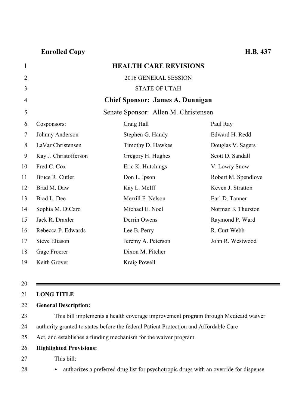 2016 Health Care Revisions Legislation 2016 HB 437 Utah