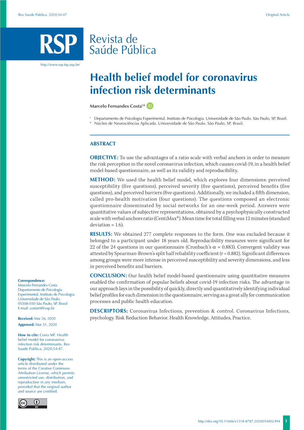 Health Belief Model for Coronavirus Infection Risk Determinants