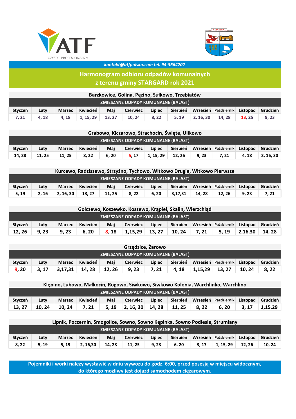 Harmonogram Odbioru Odpadów Komunalnych Z Terenu Gminy STARGARD Rok 2021