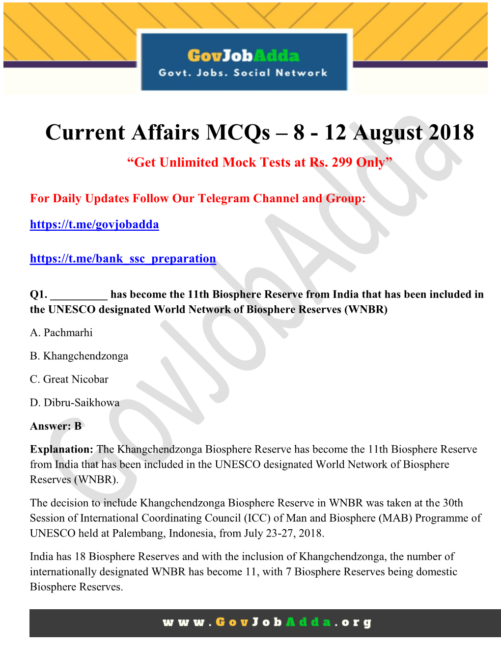 Current Affairs Mcqs – 8 - 12 August 2018 “Get Unlimited Mock Tests at Rs