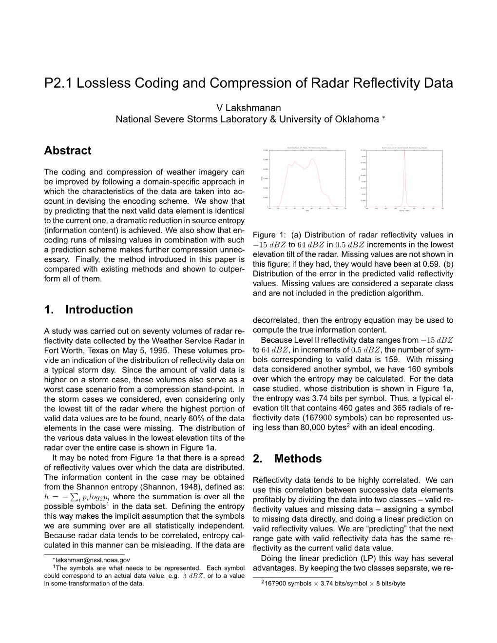 P2.1 Lossless Coding and Compression of Radar Reflectivity Data