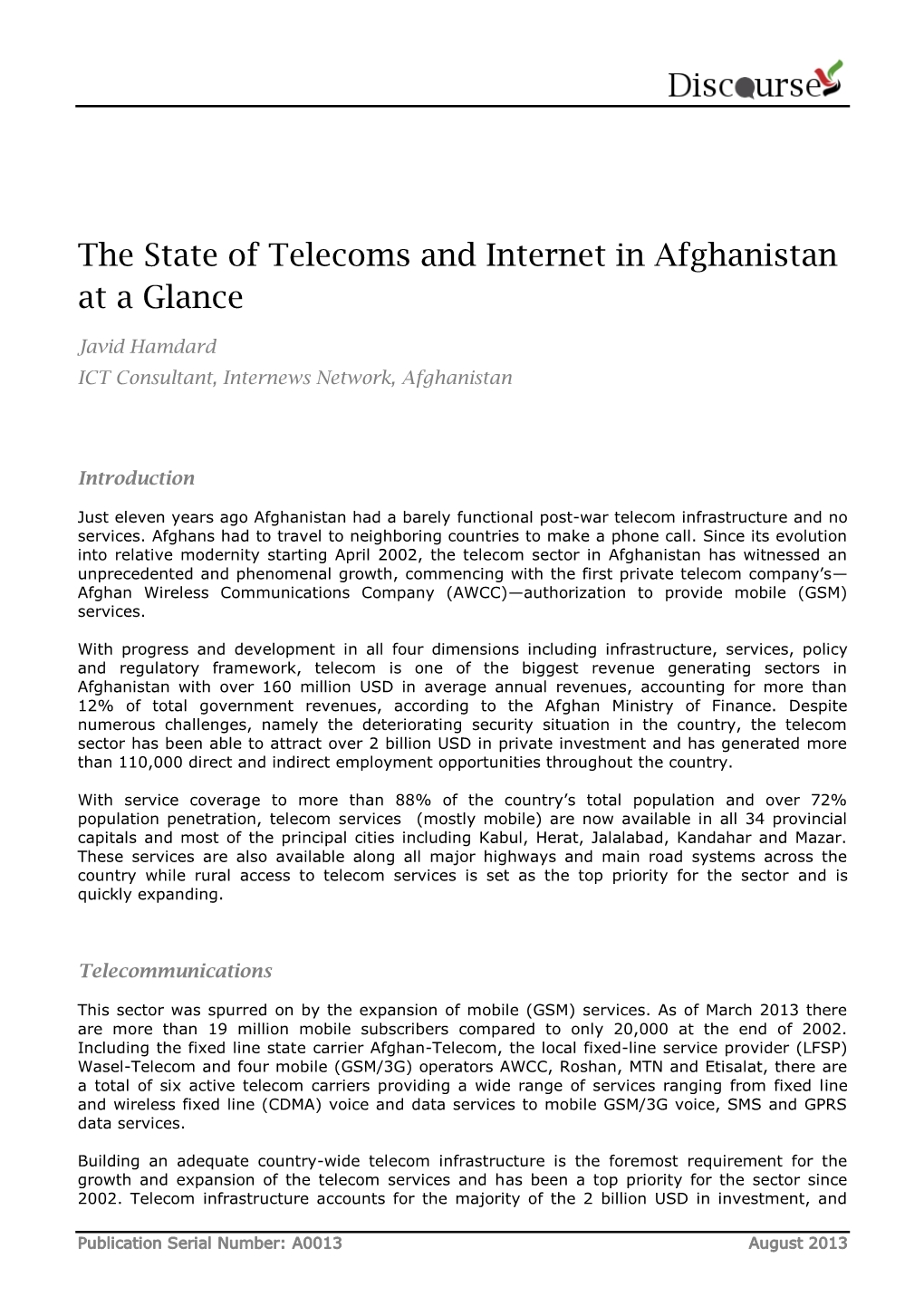 The State of Telecoms and Internet in Afghanistan at a Glance