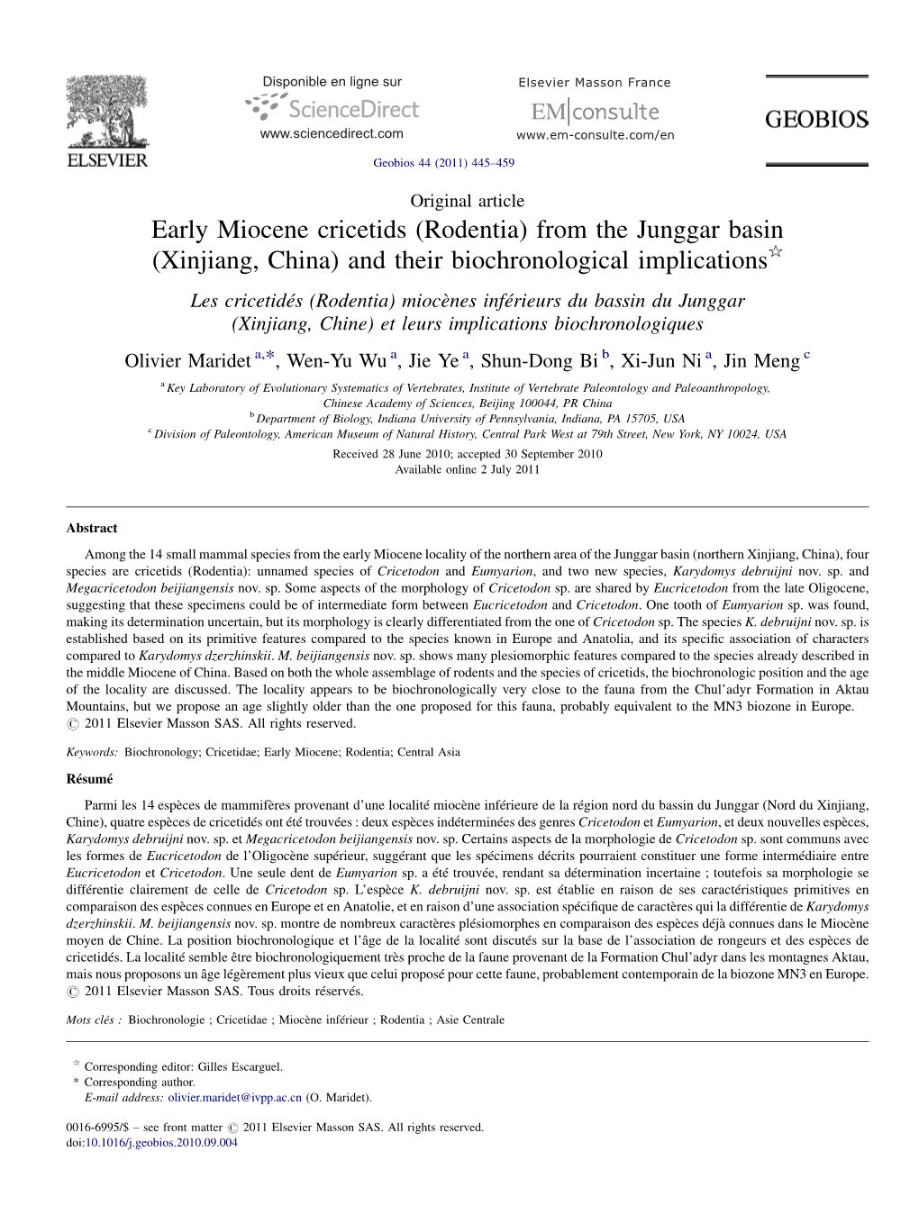 Early Miocene Cricetids (Rodentia) from the Junggar Basin (Xinjiang