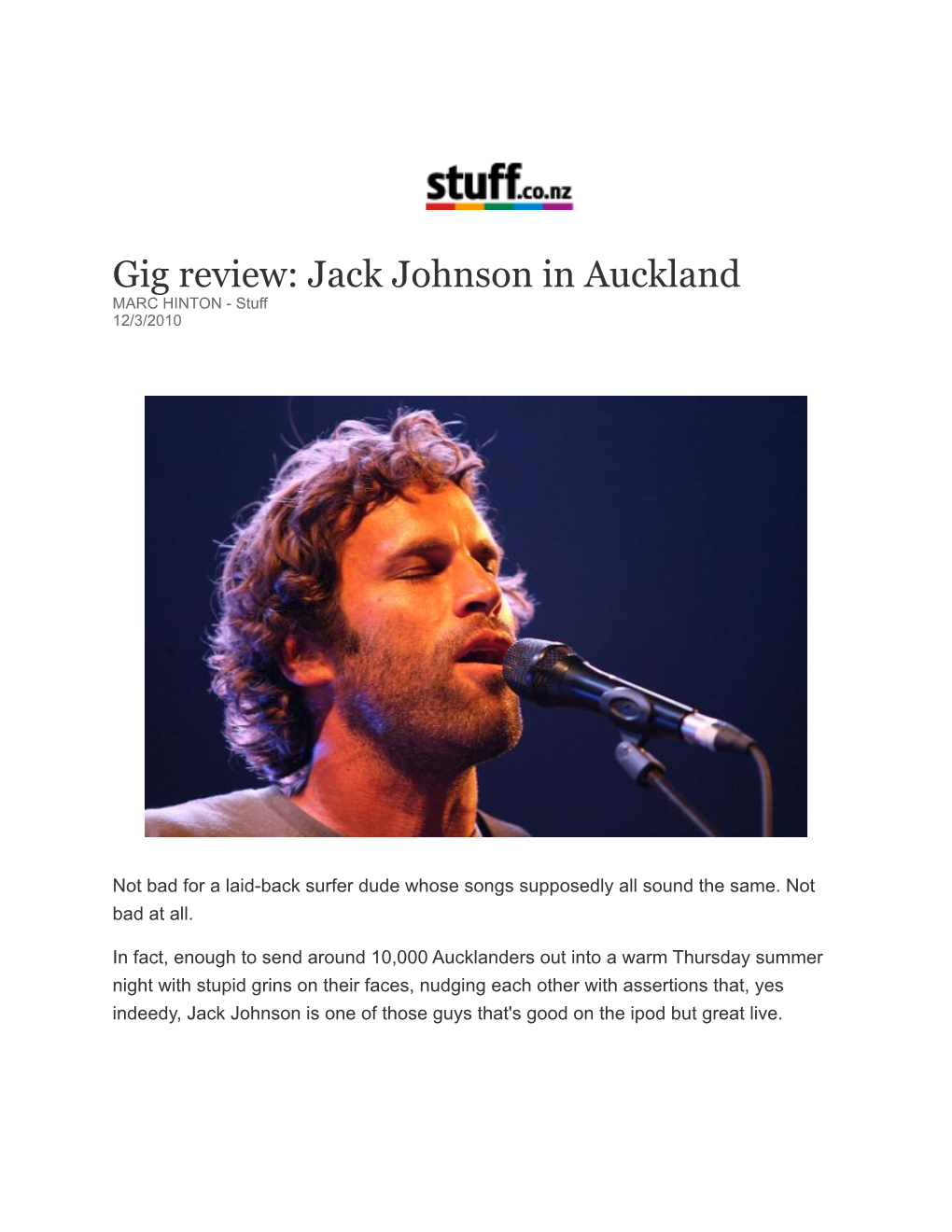 Gig Review: Jack Johnson in Auckland MARC HINTON - Stuff 12/3/2010