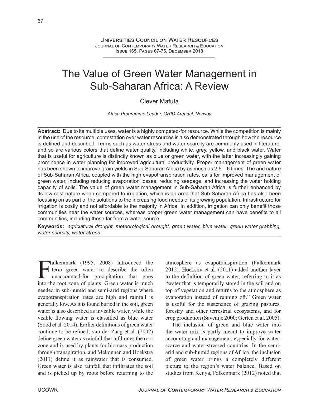 The Value of Green Water Management in Sub-Saharan Africa: a Review Clever Mafuta