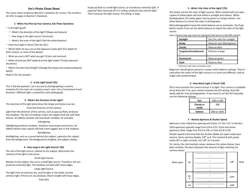 Jim S Photo Cheat Sheet