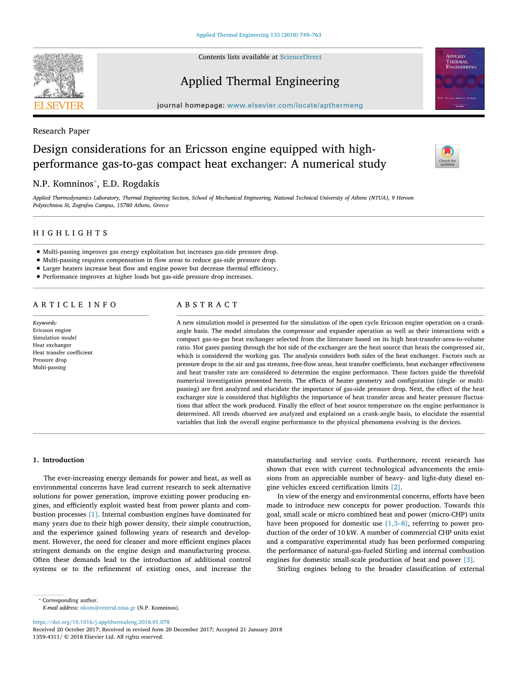 Design Considerations for an Ericsson Engine Equipped with High- T Performance Gas-To-Gas Compact Heat Exchanger: a Numerical Study ⁎ N.P
