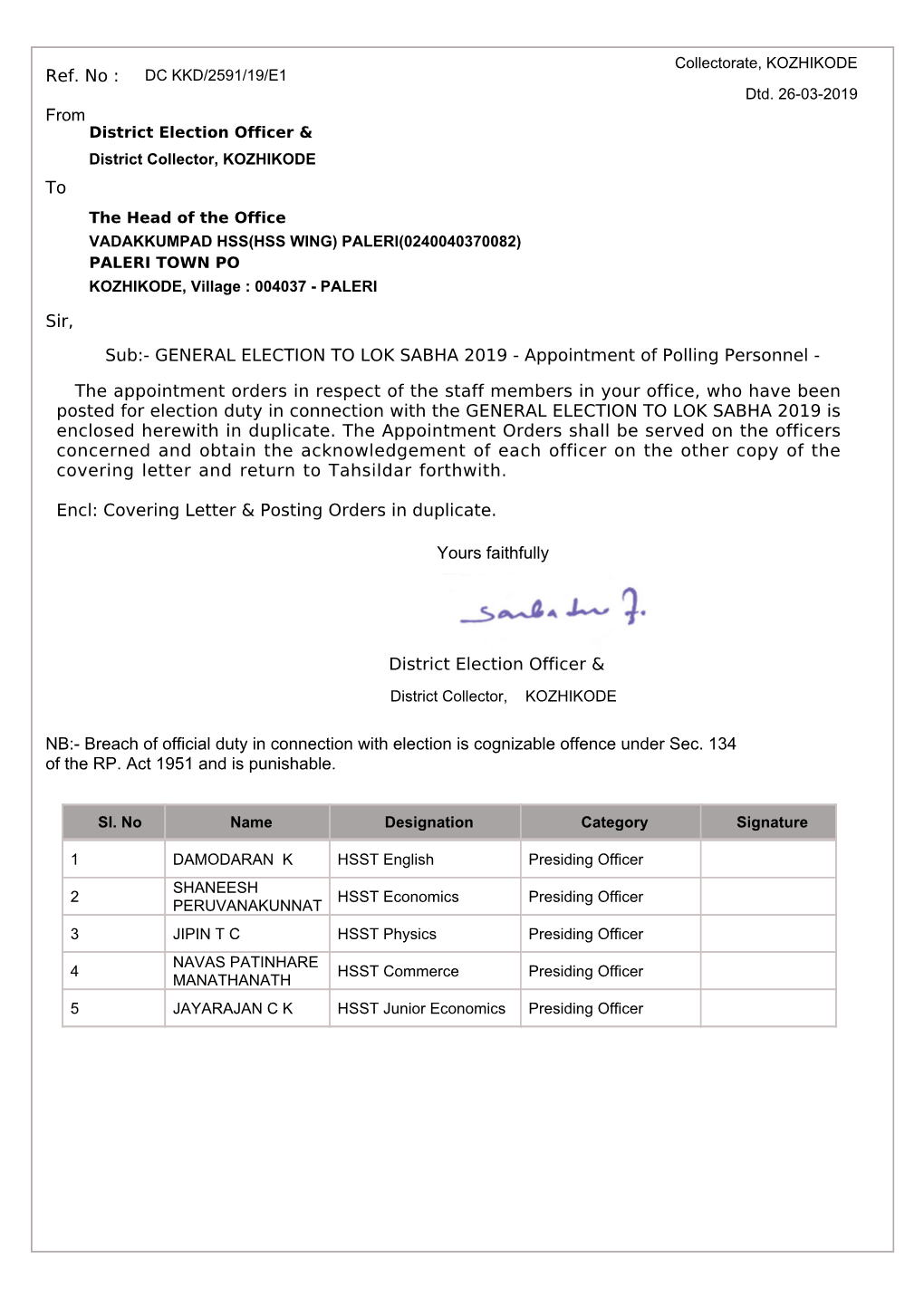 GENERAL ELECTION to LOK SABHA 2019 - Appointment of Polling Personnel