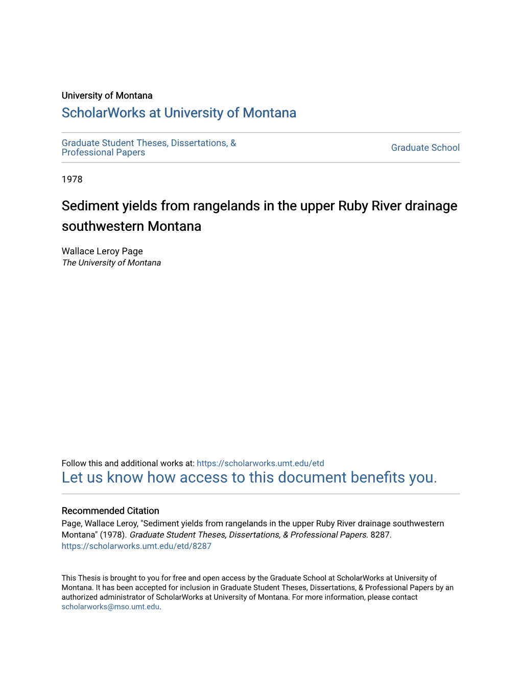 Sediment Yields from Rangelands in the Upper Ruby River Drainage Southwestern Montana