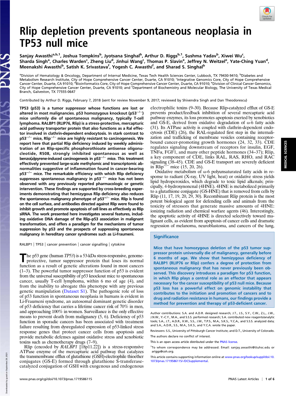 Rlip Depletion Prevents Spontaneous Neoplasia in TP53 Null Mice